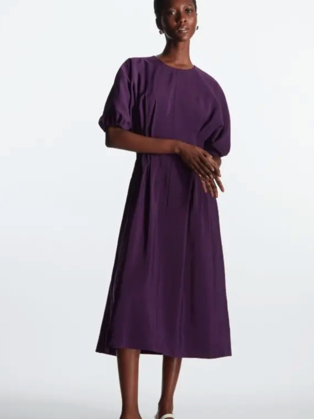 COS Plum Gathered Midi Dress with Puff Sleeves